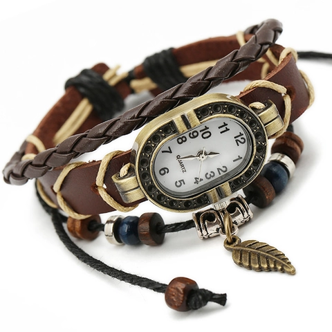 Orologio a Bracciale in Pelle di Vacchetta Multistrato Retro Punk per Donna Uomo Orologio al Quarzo Intrecciato a Mano Con Ciondolo a Foglia