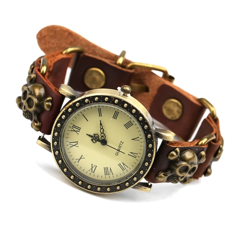 Punk Vintage Totenkopf Rindsleder Uhr Für Herren Retro Legierung Quarzuhr Mit Römischen Zahlen Verstellbares Armband Schmuck