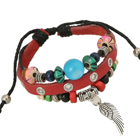 Vintage Bohemian Mehrschichtiges Rindsleder Perlenarmband Legierung Flügel Feder Anhänger Verstellbarer Handgefertigter Schmuck