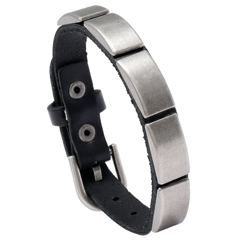 Men Vintage Cowhide Leather Bracelet Punk Style Alloy Metal Block Adjustable Needle Buckle Brown Black Biker Wristband Jewelry