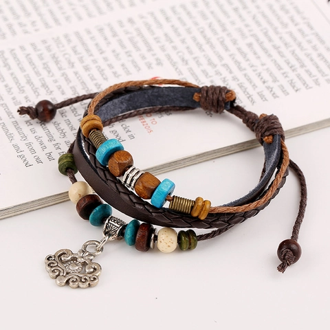 Bohemian Multilayer Genuine Leather Braided Bracelet For Women Men Vintage Handmade Beaded Bracelet With Alloy Floral Pendant Adjustable Wristband