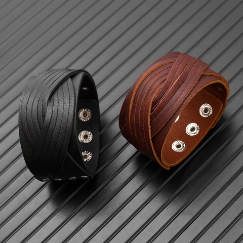 Vintage Punk Mehrlagig Handgefertigt Gewebt Leder Armband Für Herren Retro Hip Hop Verstellbar Legierung Druckknopf Manschette