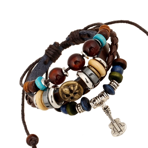 Vintage Multi-layer Braided Cowhide Leather Bracelet Men Women Punk Guitar Fleur-de-lis Charm Adjustable Wrap Jewelry Gift