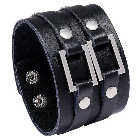 Men Retro Wide Cowhide Leather Punk Bracelet Adjustable Biker Cuff Bangle With Alloy Rivets Square Buckles Jewelry Gift