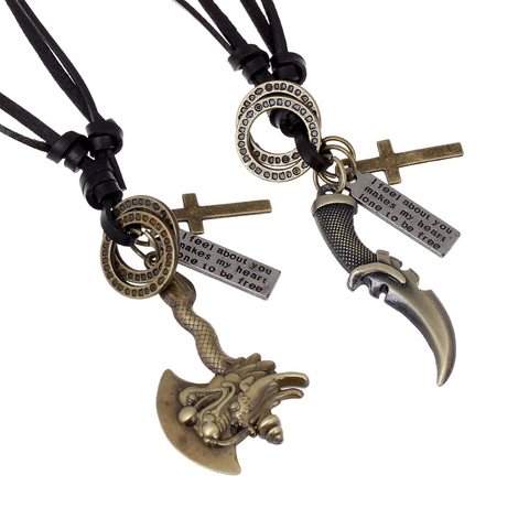 Collana con Pendente ad Ascia e Pugnale del Drago in Lega Retro con Corda in Pelle Regolabile Gioielli Punk Gotici Unisex