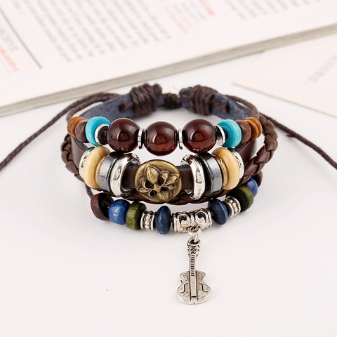 Vintage Multi-layer Braided Cowhide Leather Bracelet Men Women Punk Guitar Fleur-de-lis Charm Adjustable Wrap Jewelry Gift