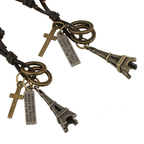 Collier en Cuir Pendentif Croix Tour Eiffel Vintage Fait à la Main Alliage Cuir de Vachette Sautoir pour Homme Femme Bijoux Punk