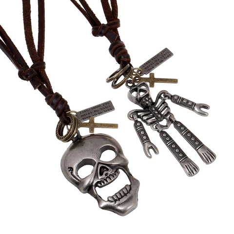 Collana con Pendente a Teschio Punk Vintage per Uomo in Lega Antica Gothisch Scheletro Robot Lungo Cordino in Cuoio Catena per Maglione Gioielli
