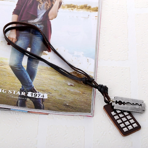 Vintage Cowhide Leather Pendant Necklace Handmade Alloy Razor Blade Scissors Punk Gothic Adjustable Long Rope Jewelry