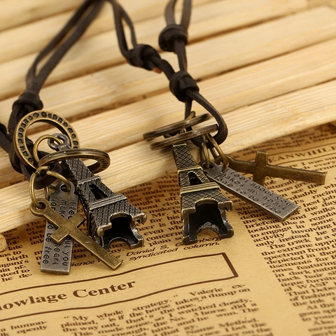 Collier en Cuir Pendentif Croix Tour Eiffel Vintage Fait à la Main Alliage Cuir de Vachette Sautoir pour Homme Femme Bijoux Punk