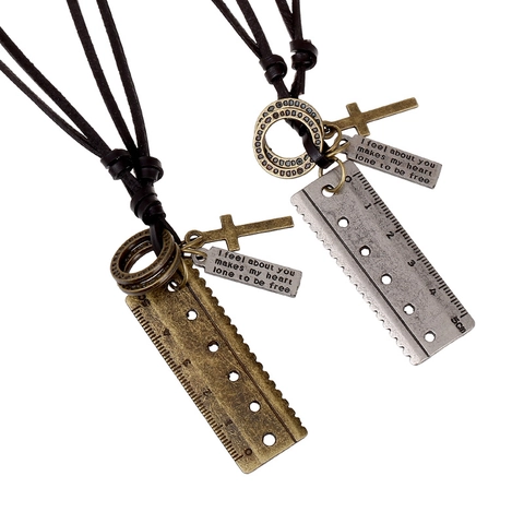 Vintage Punk Leather Cord Necklace Alloy Ruler Cross Pendant Adjustable Long Necklace For Men Women Retro Jewelry Gift