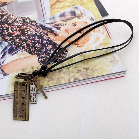 Vintage Punk Leather Cord Necklace Alloy Ruler Cross Pendant Adjustable Long Necklace For Men Women Retro Jewelry Gift