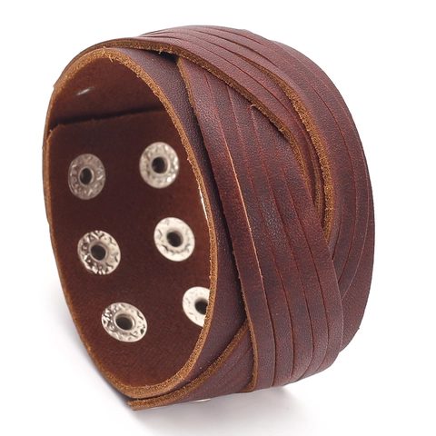 Vintage Punk Mehrlagig Handgefertigt Gewebt Leder Armband Für Herren Retro Hip Hop Verstellbar Legierung Druckknopf Manschette