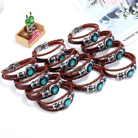 Bracelet en Cuir Tressé Vintage 12 Signes du Zodiaque Pour Hommes Femmes Fait à la Main Multi-couches Ciel Étoilé Verre Punk Bijoux Cadeau