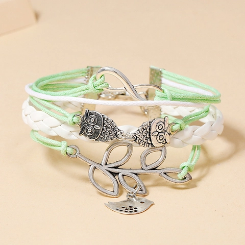 Pulsera Multicapa de Cuero PU Trenzado Estilo Bohemio para Mujer Verde Menta Blanco Cordón Encerado Aleación Búho Hoja Joyería