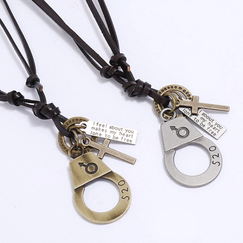 Vintage Punk Couple Pendant Necklace Cowhide Leather Rope Antique Alloy Cross Handcuff Charm Jewelry Valentine Gift For Women Men