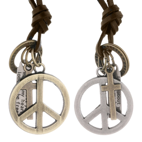 Vintage Herren Rindsleder Anhänger Halskette Verstellbar Legierung Friedenszeichen Kreuz Beschriftete Platte Lange Pulloverkette Schmuck