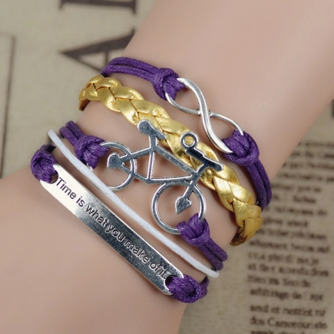 Vintage Mehrlagiges Geflochtenes PU Leder Armband Für Herren Damen Legierung Fahrrad Unendlichkeitssymbol Inspirierende Zitatplatte Schmuck