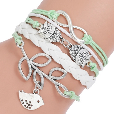 Pulsera Multicapa de Cuero PU Trenzado Estilo Bohemio para Mujer Verde Menta Blanco Cordón Encerado Aleación Búho Hoja Joyería