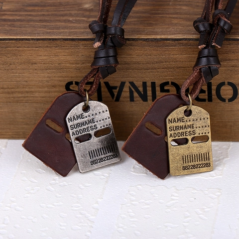 Retro Cowhide Leather Adjustable Pendant Necklace Punk Alloy Identity Tag Necklace For Men Women Vintage Jewelry Gift