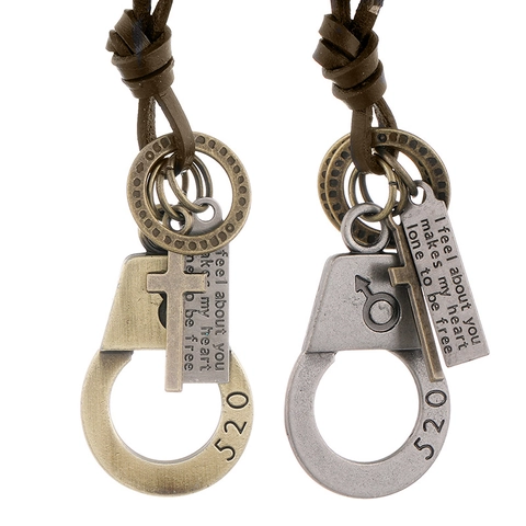 Vintage Punk Couple Pendant Necklace Cowhide Leather Rope Antique Alloy Cross Handcuff Charm Jewelry Valentine Gift For Women Men