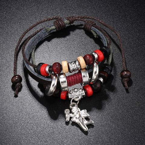 Vintage Multilayer Cowhide Leather Bracelet For Men Women Angel Pendant Wood Beads Braided Hemp Rope Adjustable Cuff Jewelry