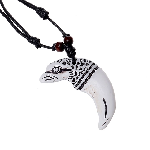 Collar de Colgante de Diente de Lobo Cabeza de Águila Étnico Vintage Resina Cordón Encerado Ajustable Joyería Tribal Unisex