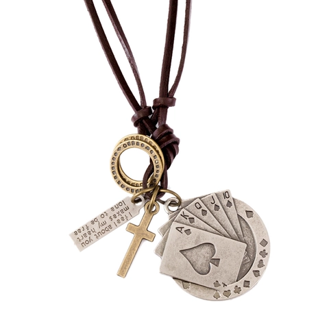 Collana Unisex in Cordino di Pelle di Vacca Retro Punk Con Ciondolo a Forma di Carte da Gioco e Croce in Lega Bronzo Argento
