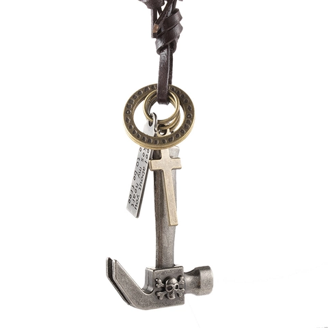 Collana Vintage Punk in Pelle di Vacca Regolabile Con Ciondolo a Martello Teschio Croce Lega Gioielli Industriali Uomo