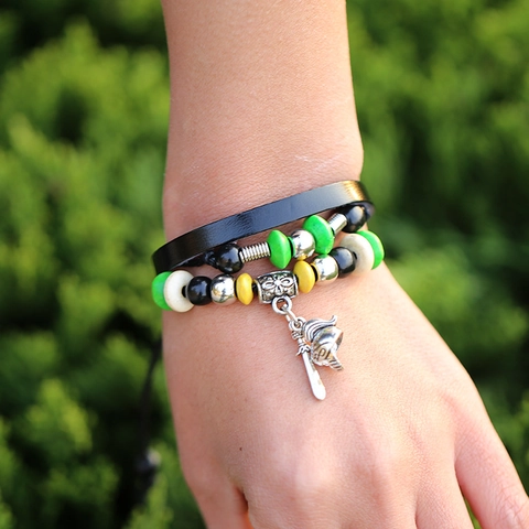 Vintage Men Multilayer Leather Bracelet Knight Helmet Sword Charm Bohemian Punk Handmade Beaded Cowhide Adjustable Wrap Bracelet