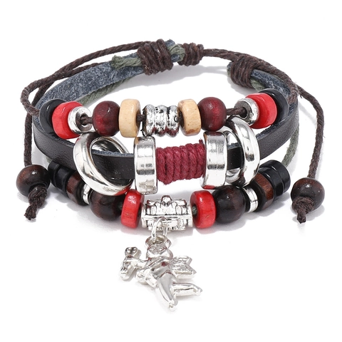 Vintage Multilayer Cowhide Leather Bracelet For Men Women Angel Pendant Wood Beads Braided Hemp Rope Adjustable Cuff Jewelry