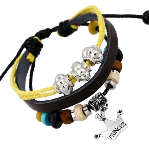 Pulsera Multicapa de Cuir de Vaca Hecha a Mano para Mujeres Hombres Colgante Corona Grabado Princess Cuentas de Madera Joyería Punk