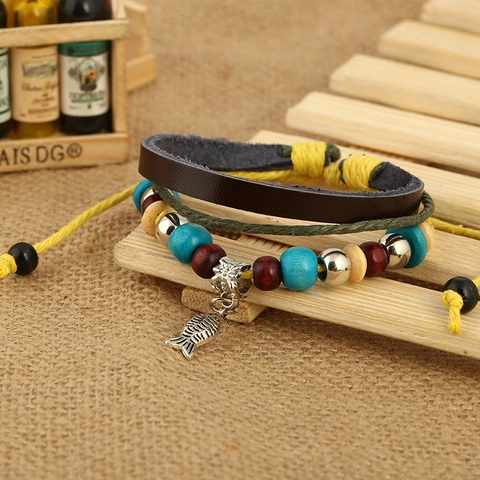 Vintage Bohemian Multi-Layer Leather Bracelet For Men Women Handmade Braided Wood Bead Alloy Fish Charm Punk Jewelry