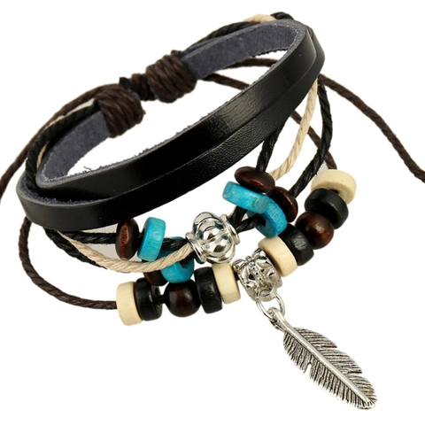 Vintage Bohemian Leather Braided Bracelet For Men Women Leather Beaded Feather Pendant Adjustable Wrap Wristband Jewelry