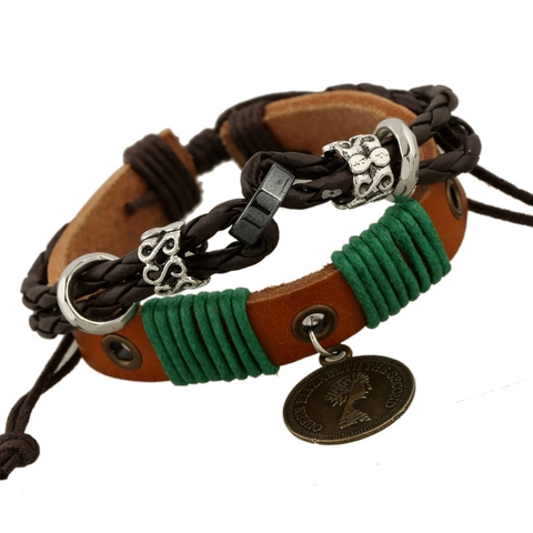 Vintage Punk Meerlaagse Echt Leren Armband Voor Dames Heren Queen Elizabeth Munt Hanger Gevlochten Verstelbaar Boheemse Sieraden