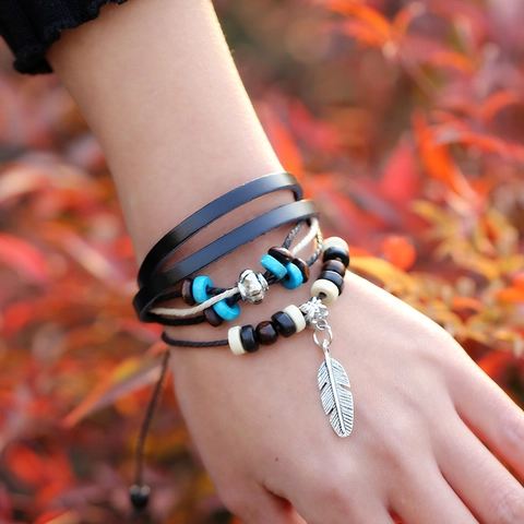 Vintage Bohemian Leather Braided Bracelet For Men Women Leather Beaded Feather Pendant Adjustable Wrap Wristband Jewelry