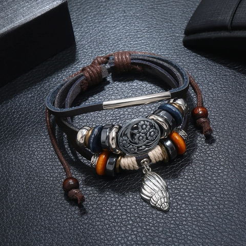 Vintage Mehrlagige Rindsleder Geflochtenes Armband Für Damen Herren Legierung Muschel Blume Anhänger Verstellbar Schmuck