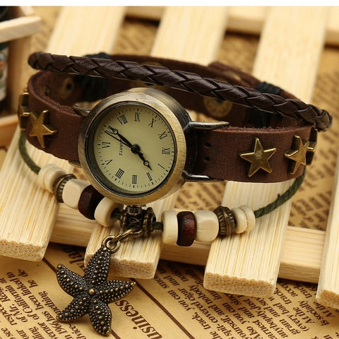 Retro Leather Bracelet Watch For Women Multilayer Braided Cowhide Strap Roman Numerals Dial Star Starfish Charm Quartz Wristwatch