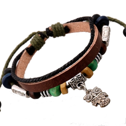 Vintage Bohemian Multilayer Leather Bracelet For Men Women Handmade Braided Cord Owl Pendant Wood Beads Adjustable Jewelry