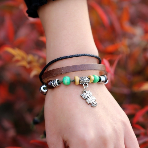 Vintage Bohemian Multilayer Leather Bracelet For Men Women Handmade Braided Cord Owl Pendant Wood Beads Adjustable Jewelry