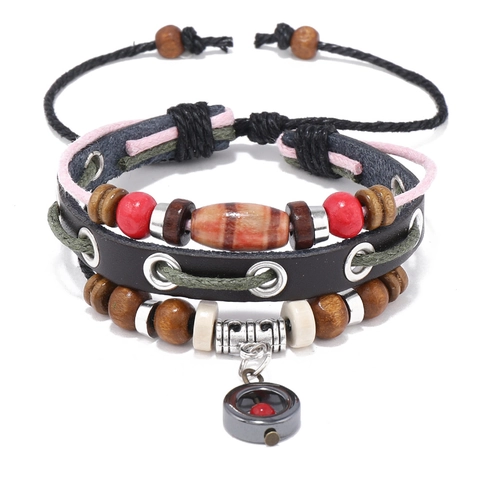 Vintage Bohemian Multi-layer Beaded Leather Bracelet Men Women Cowhide Alloy Wood Beads Braided Compass Charm Wristband Jewelry