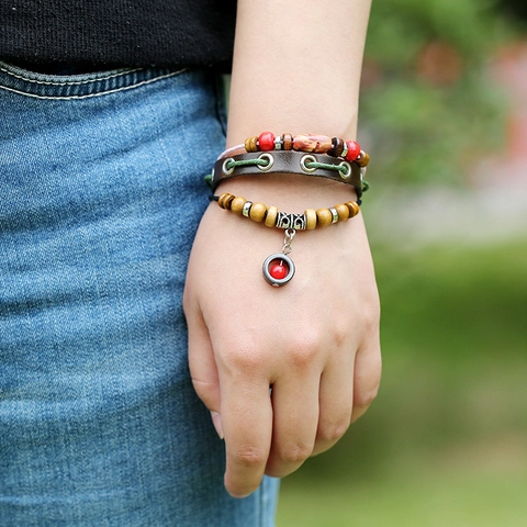 Vintage Bohemian Multi-layer Beaded Leather Bracelet Men Women Cowhide Alloy Wood Beads Braided Compass Charm Wristband Jewelry