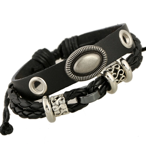 Handgefertigtes Vintage Punk Rindsleder Armband Für Herren Antiksilber Legierung Perlen Geflochtenes Schwarzes Leder Mehrlagiges Armband
