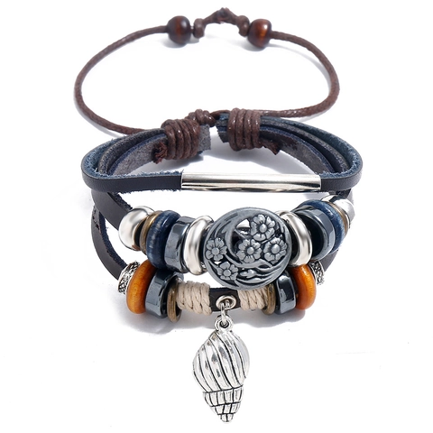 Vintage Mehrlagige Rindsleder Geflochtenes Armband Für Damen Herren Legierung Muschel Blume Anhänger Verstellbar Schmuck