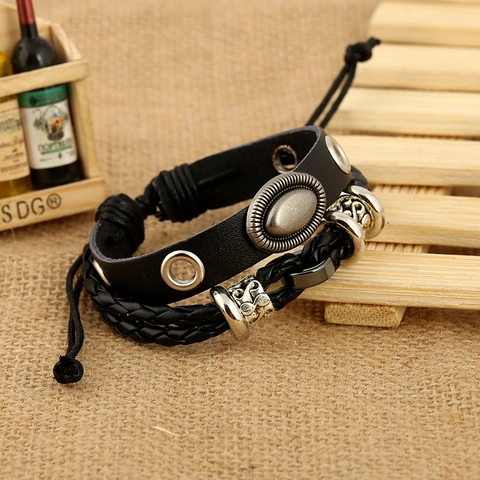 Handgefertigtes Vintage Punk Rindsleder Armband Für Herren Antiksilber Legierung Perlen Geflochtenes Schwarzes Leder Mehrlagiges Armband