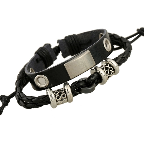 Vintage Punk Leather Bracelet Set For Men Women Braided Rope Bracelet With Alloy Rivets And Geometric Metal Plate Jewelry