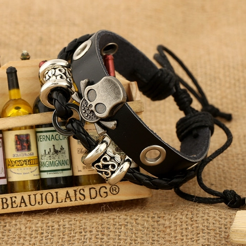 Pulsera Vintage de Cuero Punk con Calavery para Hombre Trenzado de Capas Múltiples Cuentas Ajustable Gótico Joyería de Motero