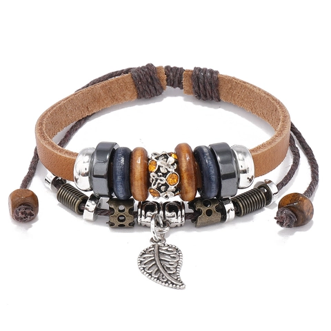 Bracciale Multistrato Vintage in Pelle con Perline per Uomo Donna Fatto a Mano Pendente a Foglia Gioielli Etnici Regolabili
