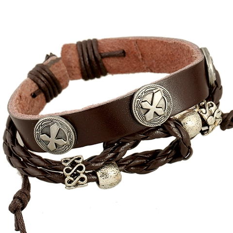 Bracciale Vintage in Pelle di Vacchetta Multistrato Stile Punk Gothic Uomo Donna Borchie a Croce Corda Regolabile Gioielli Fatti a Mano