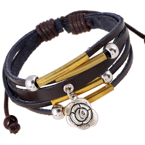 Vintage Multi-layer Cowhide Leather Bracelet For Men Women Rose Flower Pendant Braided Adjustable Alloy Beads Punk Jewelry